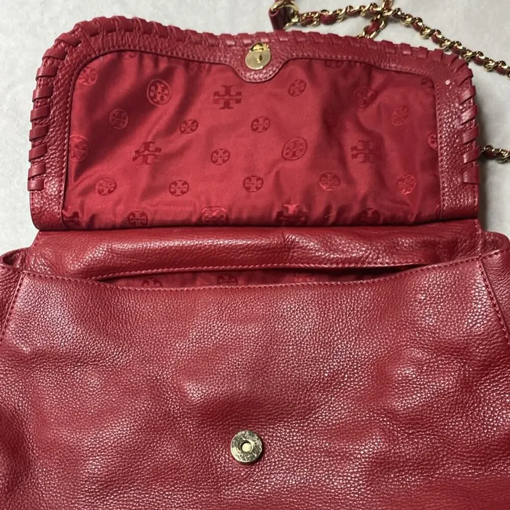 Tory Burch Marion Red Leather Saddle Bag with Gold Hardware